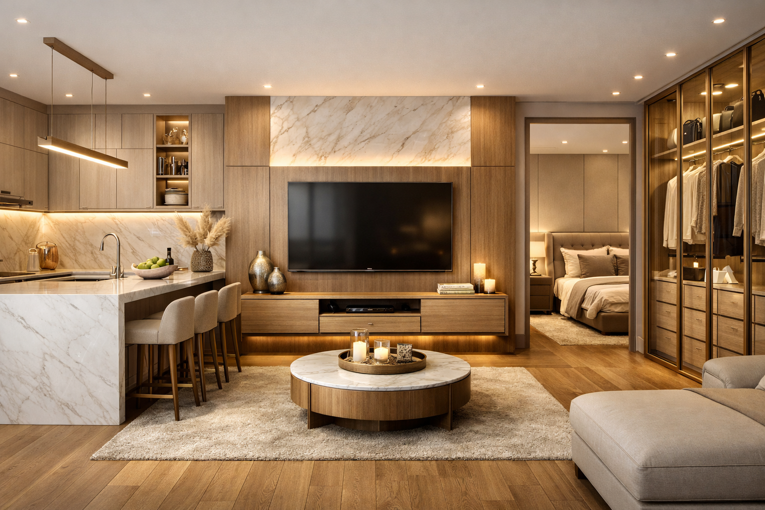 Bespoke media wall and cabinetry in a warm residential interior