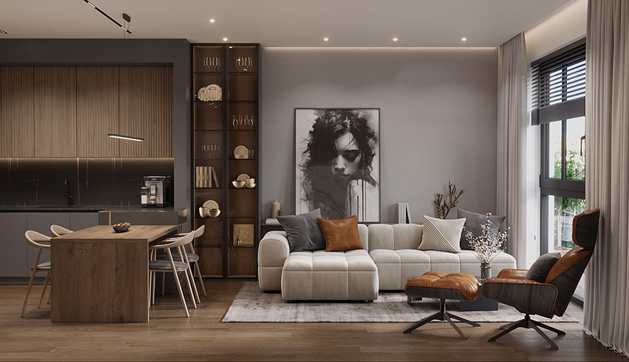 Open-plan living room with warm timber cabinetry