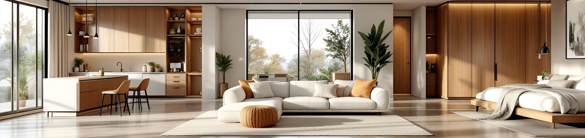 Soft neutral bedroom interior with fitted furniture detail