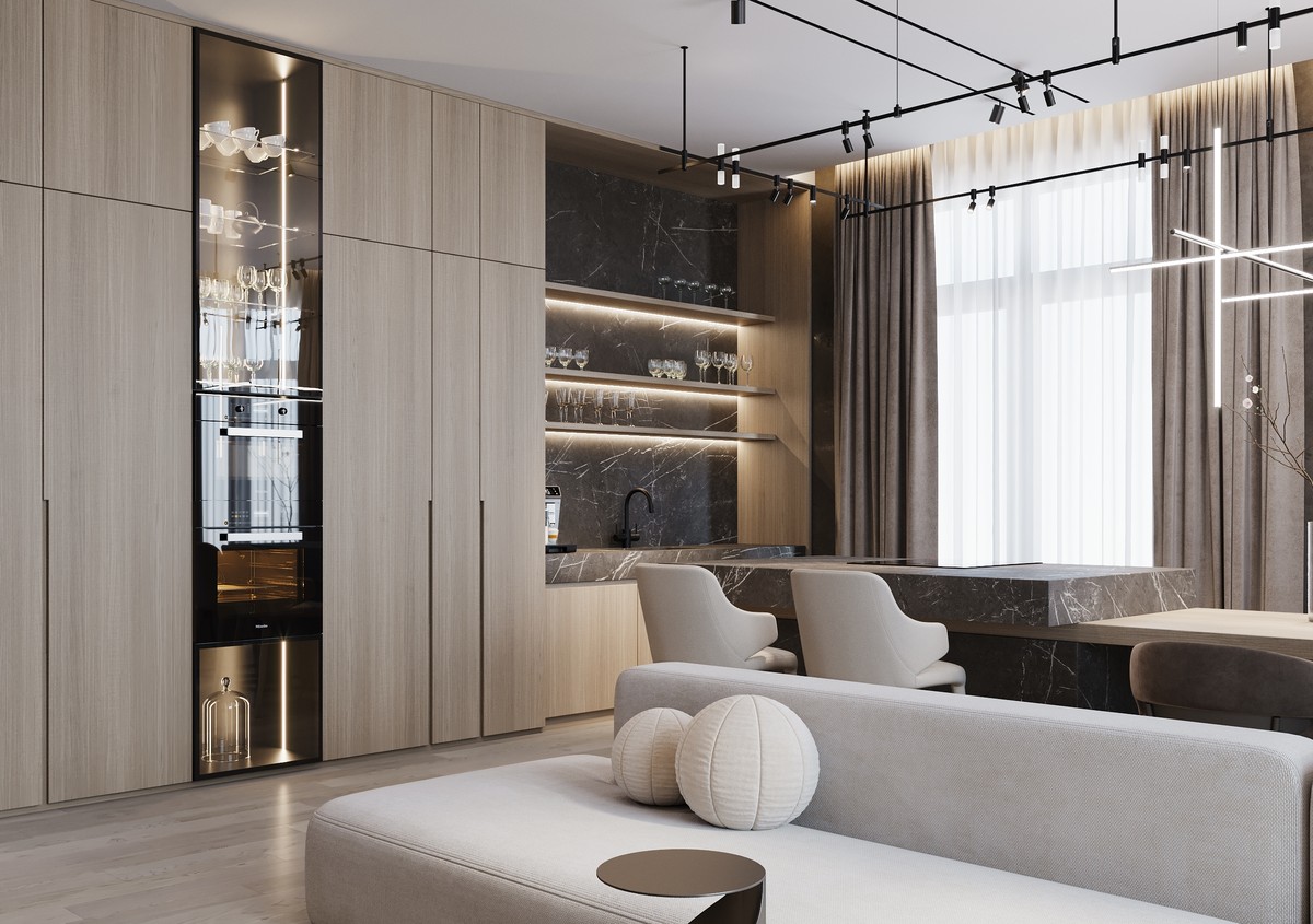 Bedroom and fitted storage with refined neutral finishes