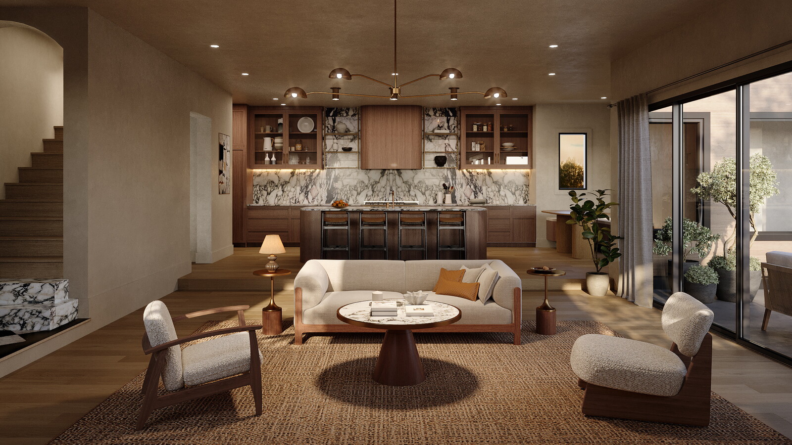 Modern open-plan kitchen with marble backsplash and warm cabinetry
