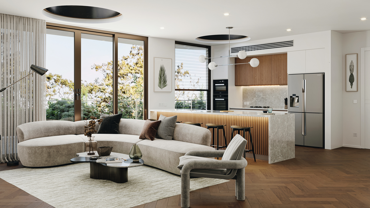 Contemporary living space with curved sofa and natural light